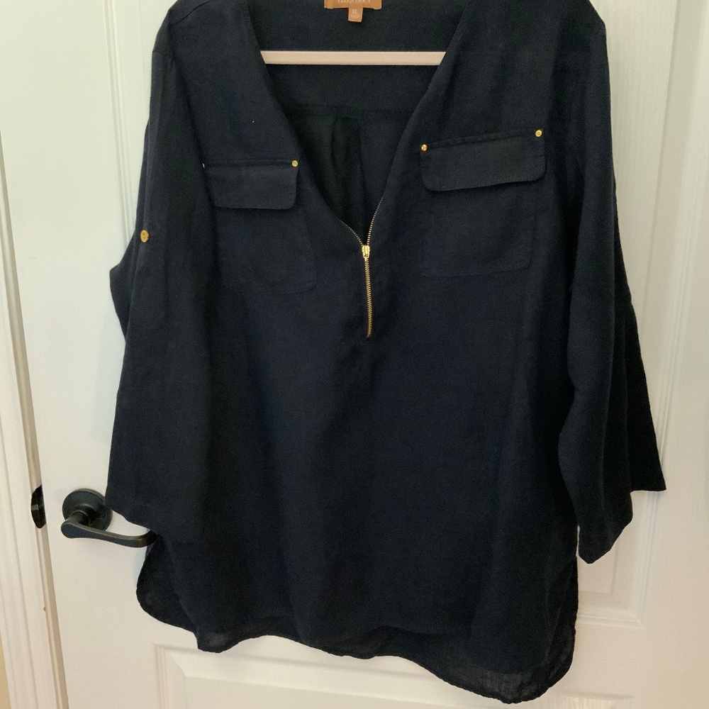 Navy Linen Blouse Styled For ‘Good Coverage’ sz XL Ellen Tracy